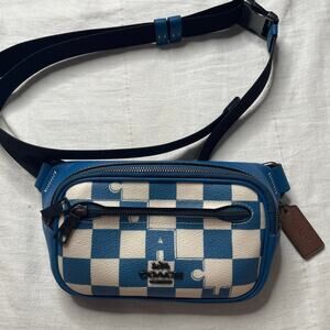 Coach Elias Mini Belt Bag Blue Checkerboard Leather Fanny Pack Sling CR210